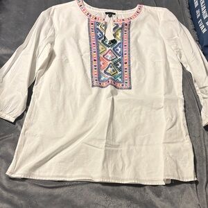 Talbots White Blouse with Colorful Embroidery